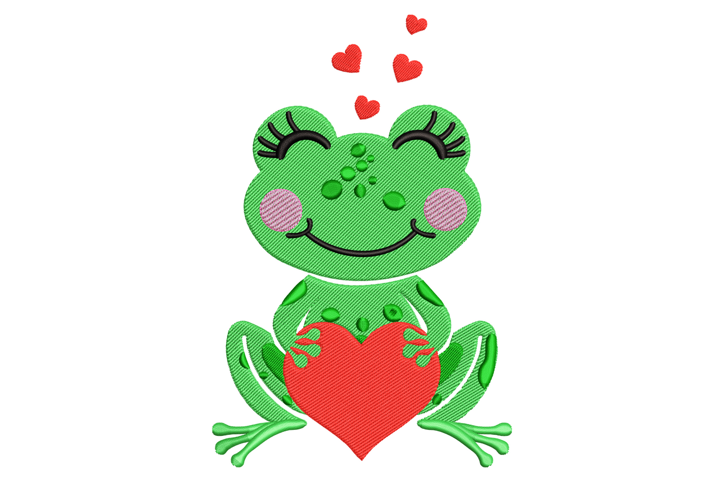Cartoon green frog embroidery hugging a red heart with three tiny heart antennae on its head and long eyelashes, on white background.