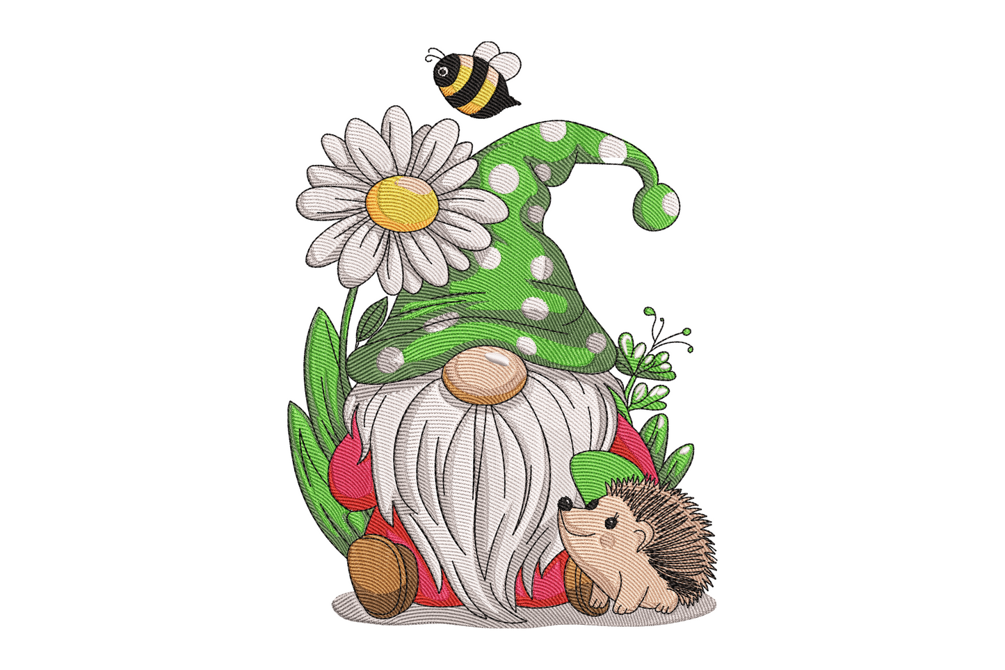 Spring gnome embroidery with polka-dot hat, white beard, daisy taller than the gnome, tiny hedgehog at feet and bumble bee hovering above, machine embroidery design on white background