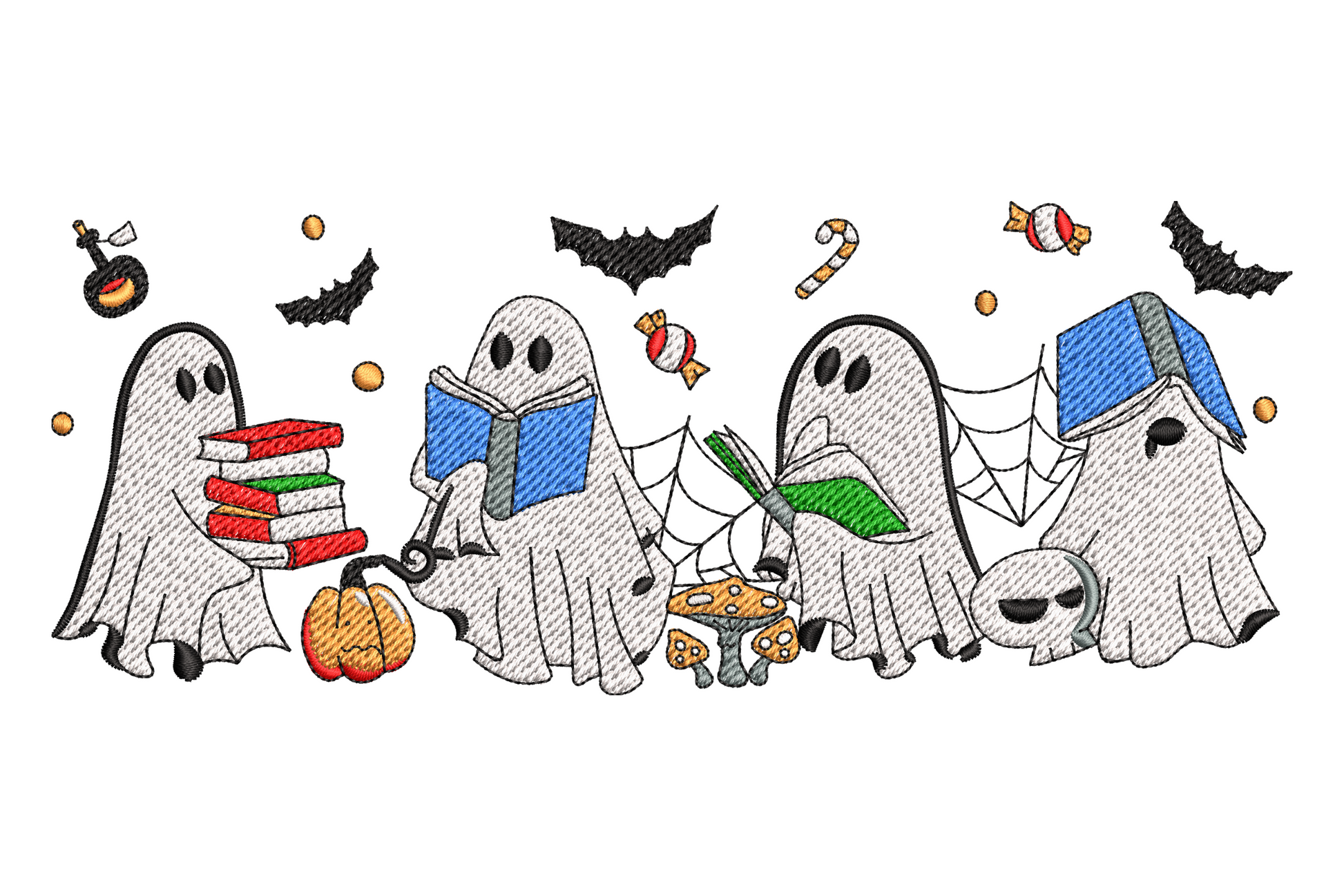 Cute ghost book club Halloween embroidery, kawaii ghost with open book, 7 colours, 4 sizes to 7.5 inches tall