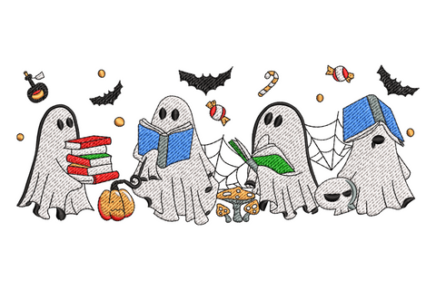 Cute ghost book club Halloween embroidery, kawaii ghost with open book, 7 colours, 4 sizes to 7.5 inches tall