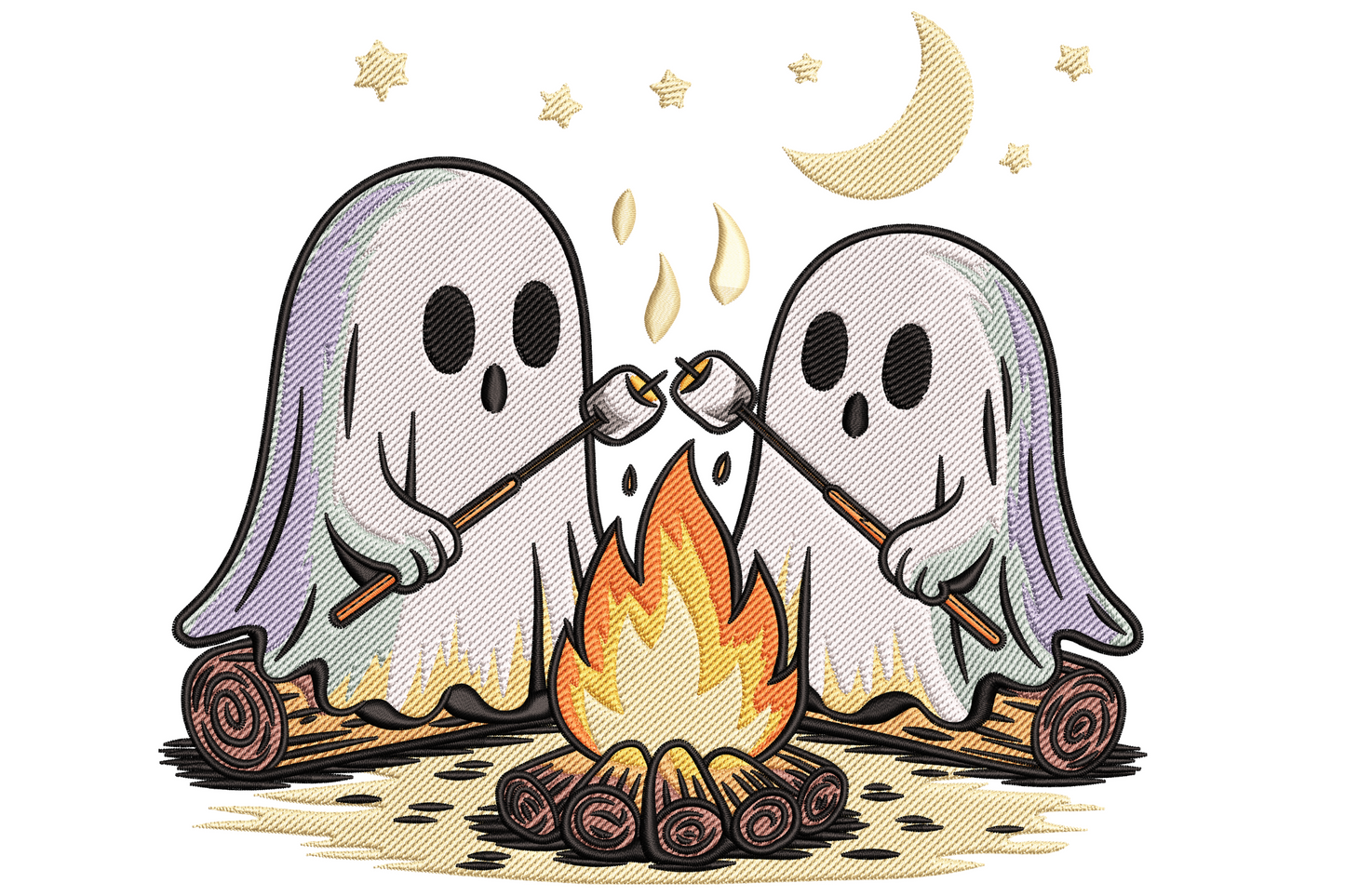 Cute ghost campfire halloween embroidery with two white sheet ghosts toasting marshmallows over orange flames, crescent moon and stars above.