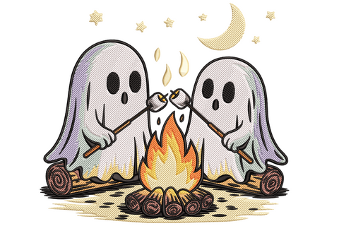 Cute ghost campfire halloween embroidery with two white sheet ghosts toasting marshmallows over orange flames, crescent moon and stars above.