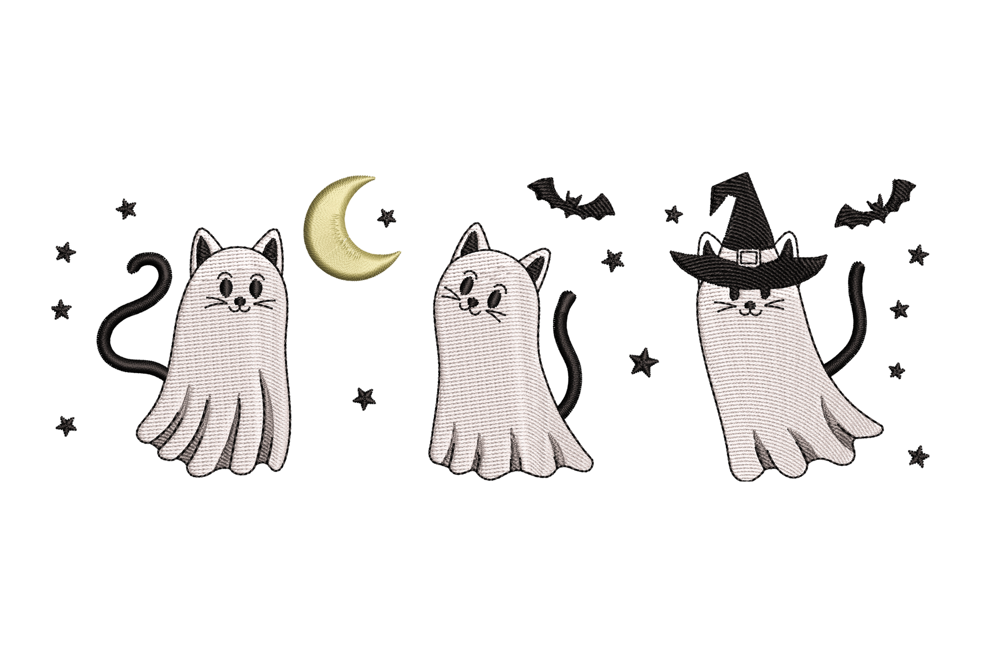 Cute ghost cats Halloween embroidery design, cats wearing white ghost sheets with black dot eyes, kawaii spooky style