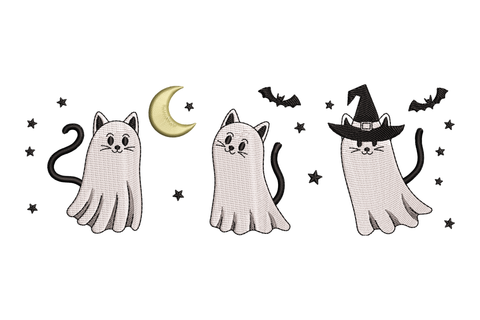 Cute ghost cats Halloween embroidery design, cats wearing white ghost sheets with black dot eyes, kawaii spooky style