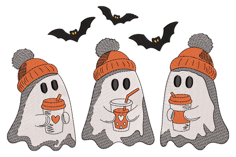 Cute ghost holding a coffee cup halloween embroidery design, round white cartoon ghost with caramel latte in four colour kawaii-style machine embroidery