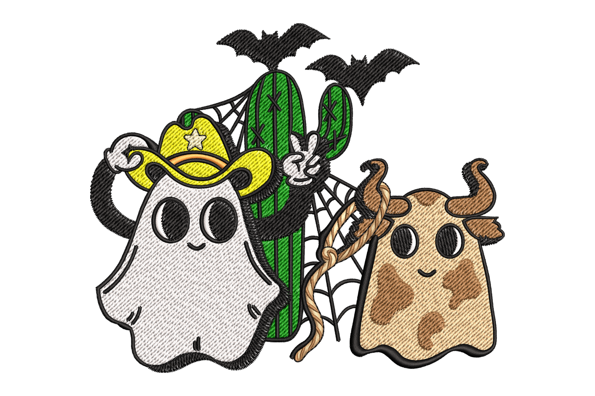 Cute western Halloween ghost embroidery design showing a cowboy ghost in yellow hat with lasso and a cow-spotted ghost with horns standing beside a cactus with spider web and black bat silhouettes overhead on white background