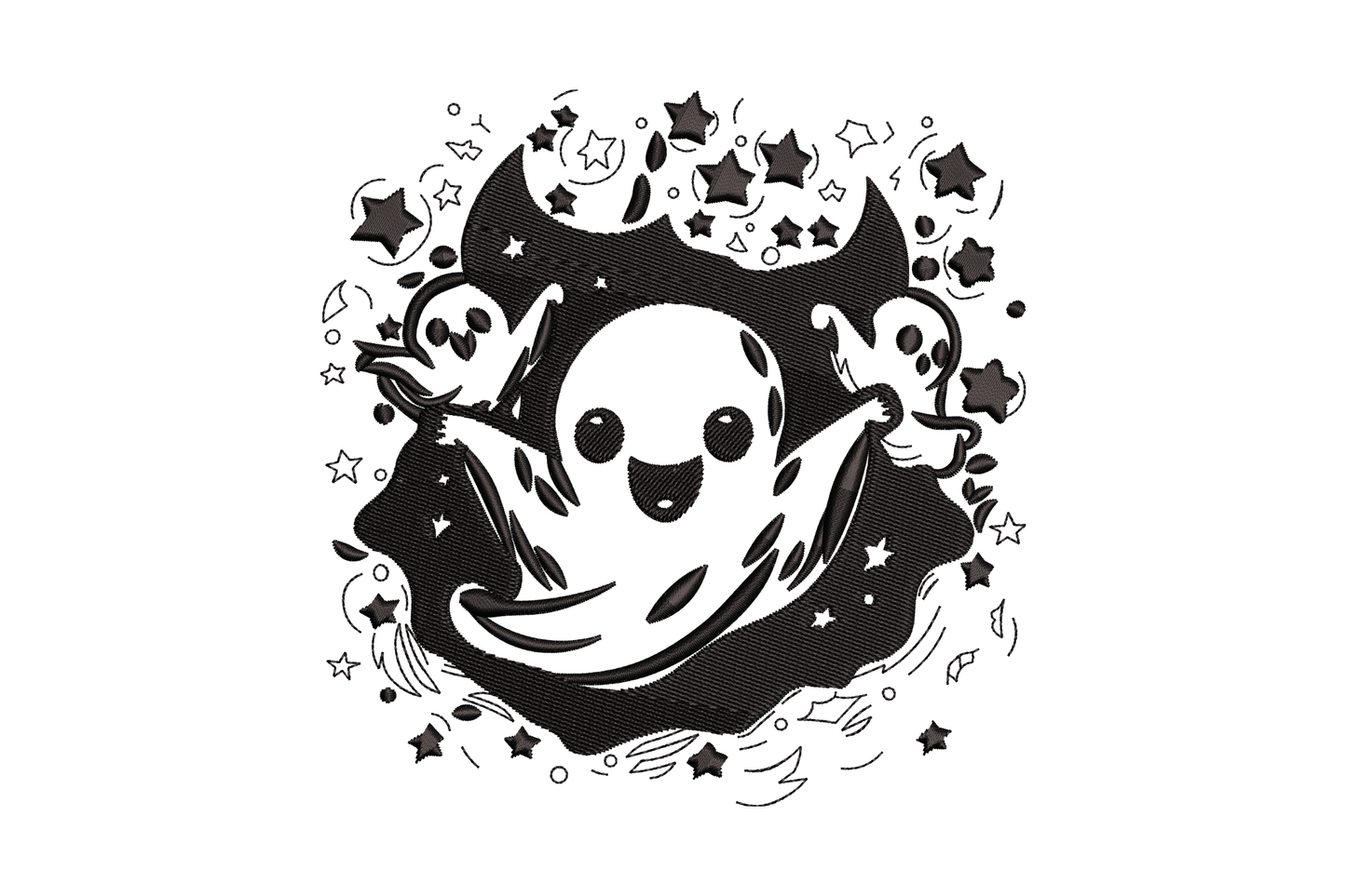 Cute ghost explosion embroidery design, round ghost in starburst burst shape single colour white thread on black tank top