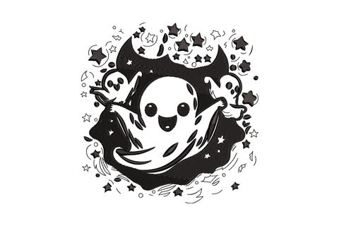 Cute ghost explosion embroidery design, round ghost in starburst burst shape single colour white thread on black tank top