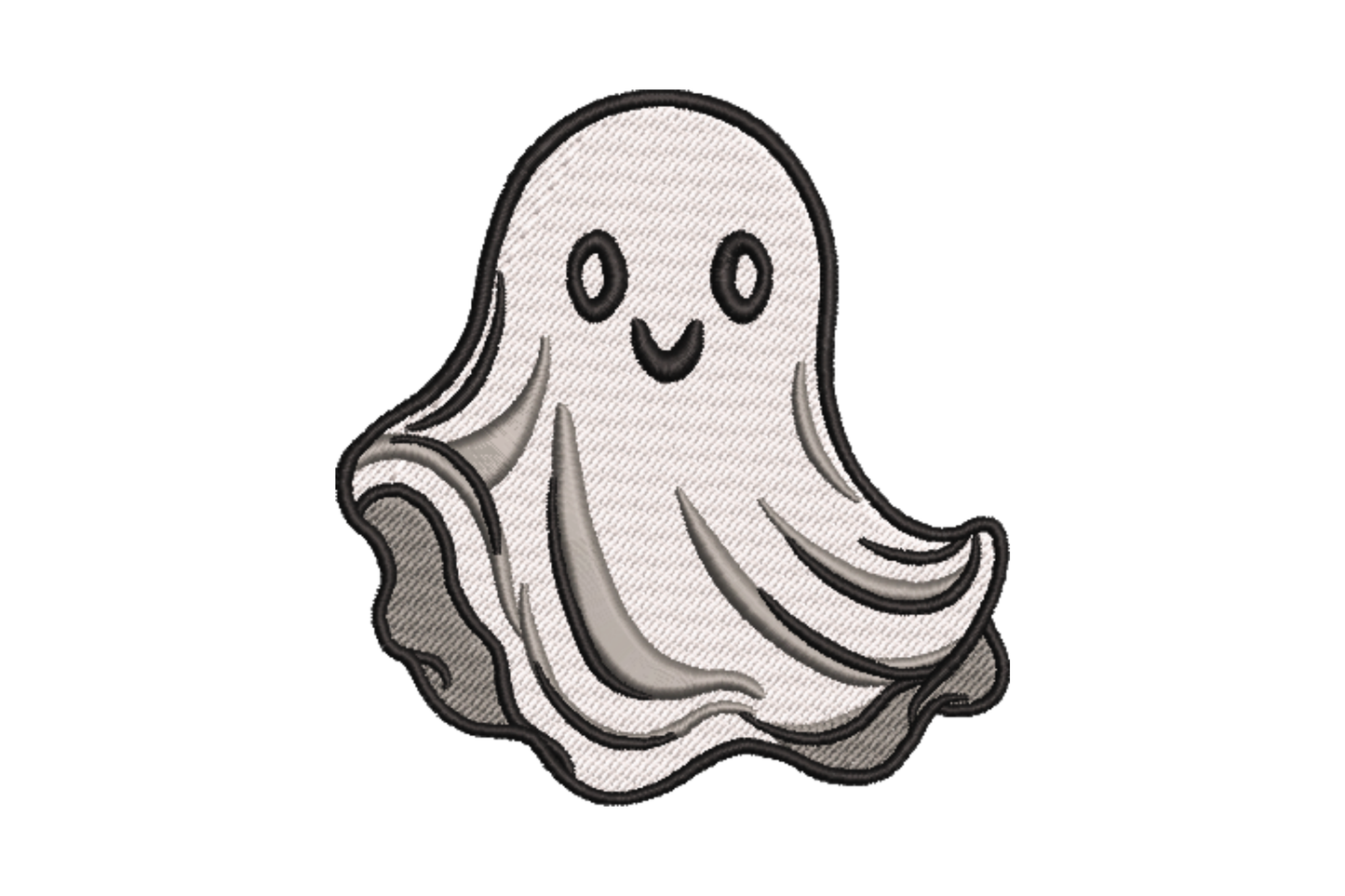 Cute ghost Halloween embroidery, chubby round-headed ghost, white body, grey shadow drape, small oval eyes, black outline.