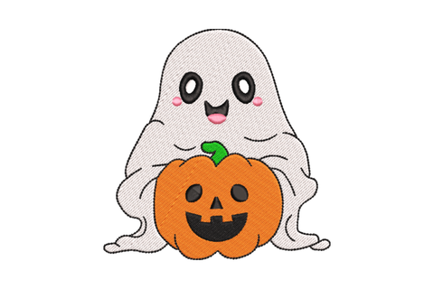 Machine embroidery design of a white cartoon ghost standing upright and holding an orange carved pumpkin with dark green stem, Halloween style with rosy pink cheeks