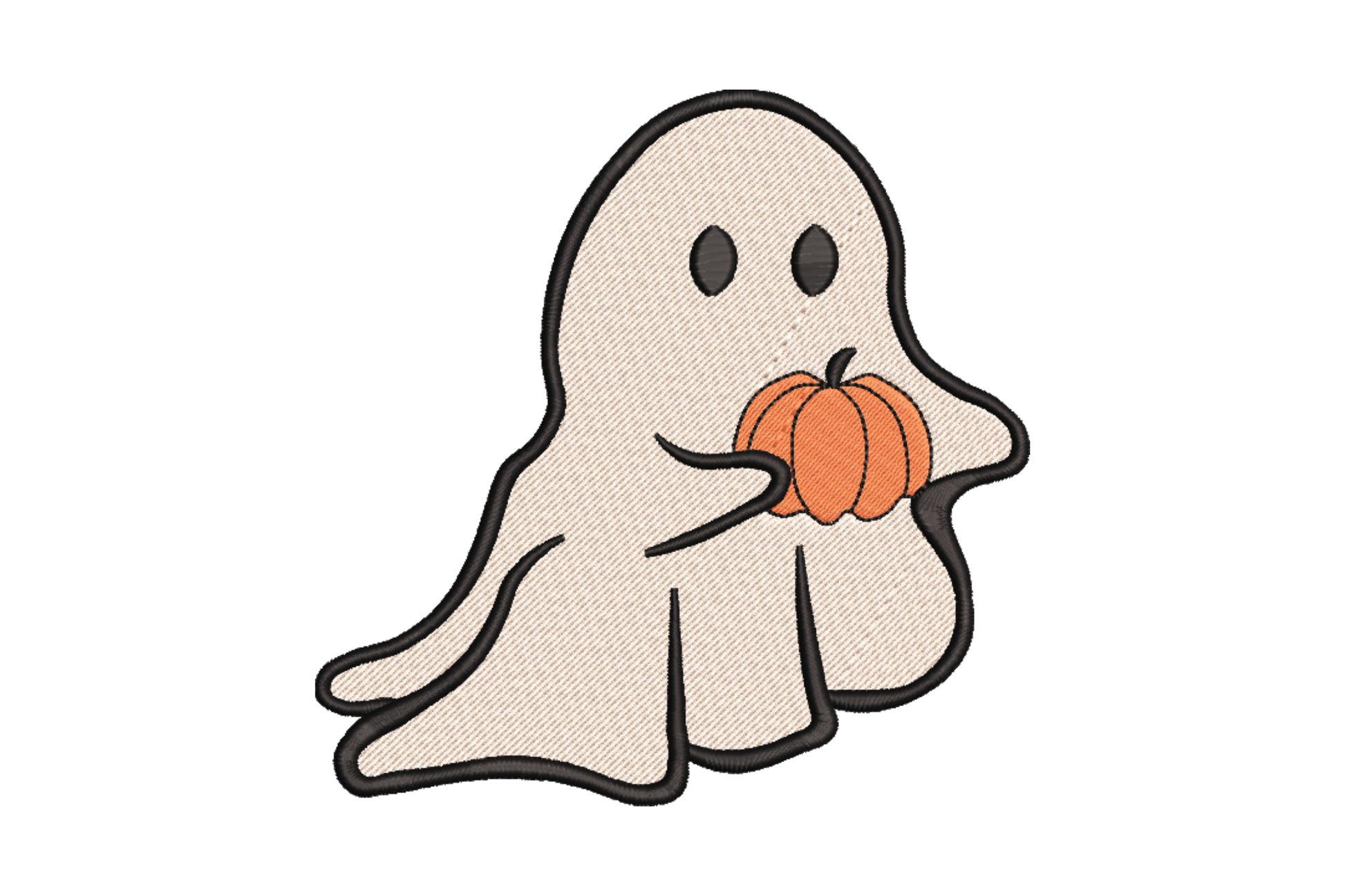 Cute halloween ghost cradling pumpkin embroidery design, cream white floating ghost with dot eyes holding an orange pumpkin with sage green stem and vine, soft cartoon style.