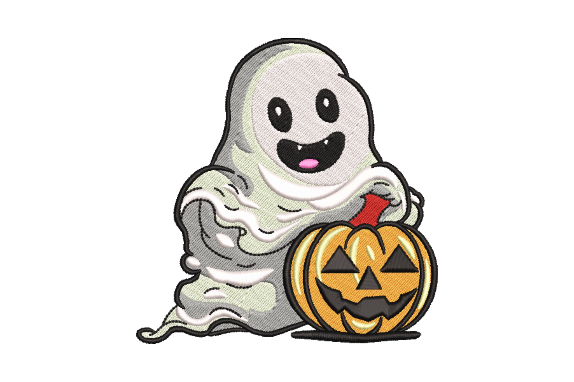 Ghost hugging a carved orange pumpkin Halloween embroidery design 8 colours