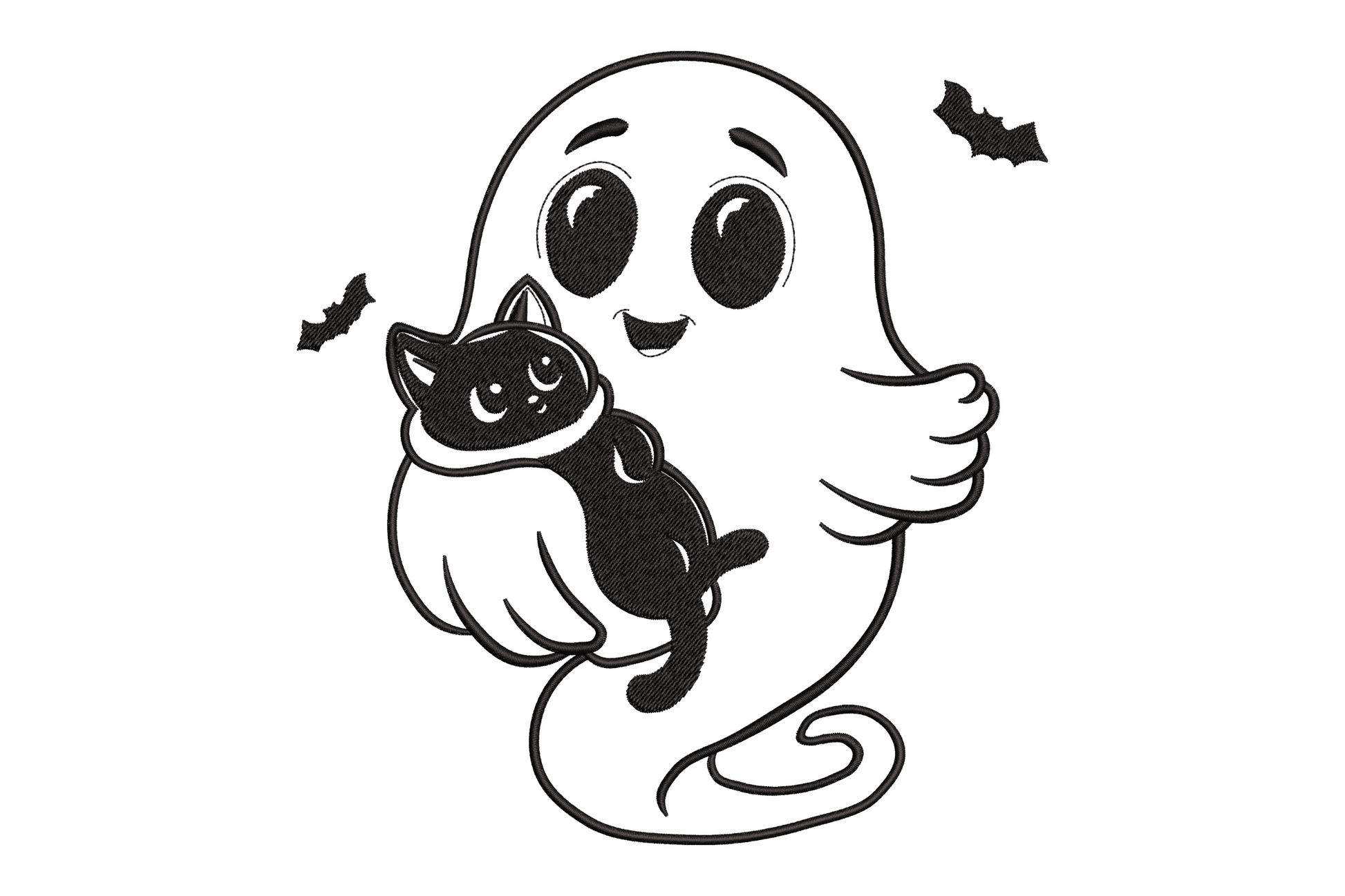 Cute cartoon ghost hugging black cat embroidery design showing a large friendly ghost cradling a small black cat with round eyes, paws visible, and two small bat silhouettes in the upper corners on white background