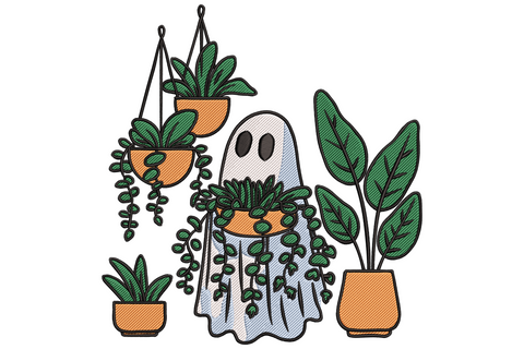 Ghost holding a terracotta plant pot surrounded by houseplants and hanging vines, boho embroidery design in cream and forest green.