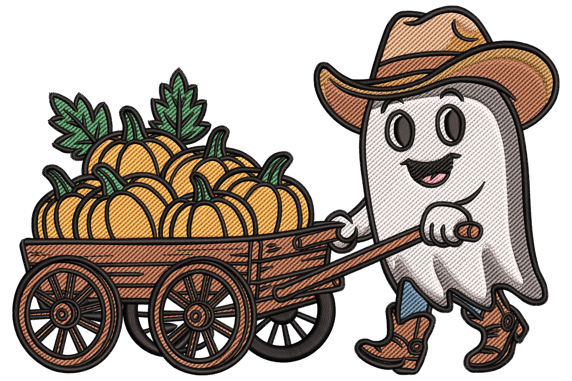 Ghost in cowboy hat pulling wooden wagon of orange pumpkins, cute halloween embroidery design with country harvest theme, cream and brown.