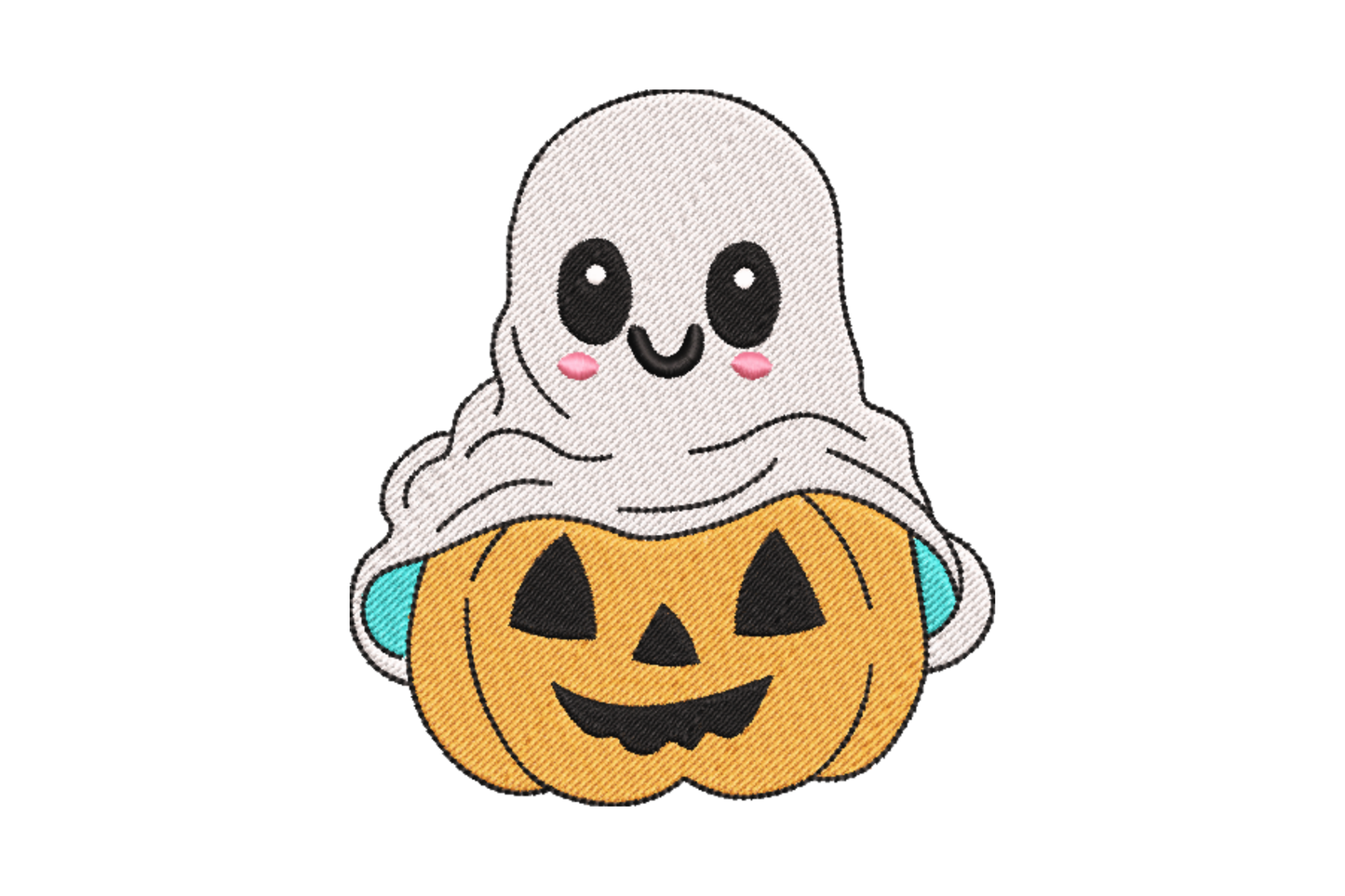 Machine embroidery design of a cartoon white ghost sitting on top of an orange carved jack-o-lantern pumpkin, Halloween style with pink blush cheeks