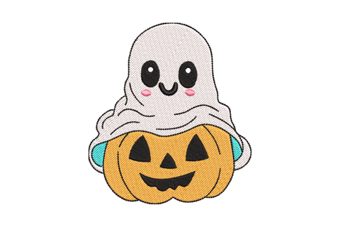 Machine embroidery design of a cartoon white ghost sitting on top of an orange carved jack-o-lantern pumpkin, Halloween style with pink blush cheeks