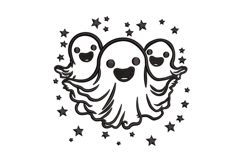 Machine embroidery design of three small round Halloween ghosts in a row each with a different cute facial expression