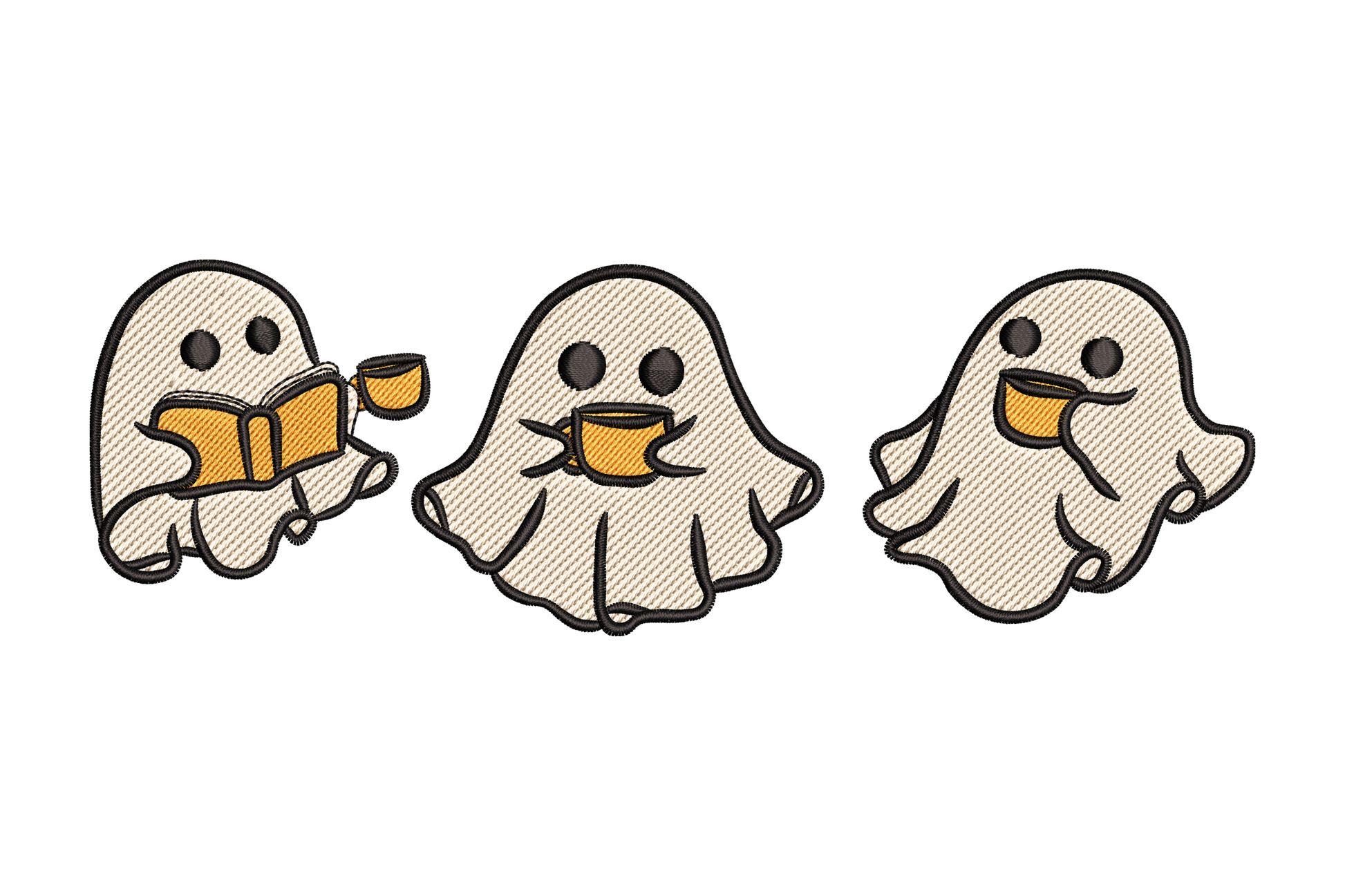 Three cute cream-white cartoon ghosts in a row, one holding a book and coffee cup, one cradling a coffee cup with both hands, one holding a cup at hip height, Halloween embroidery design.