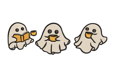 Three cute cream-white cartoon ghosts in a row, one holding a book and coffee cup, one cradling a coffee cup with both hands, one holding a cup at hip height, Halloween embroidery design.