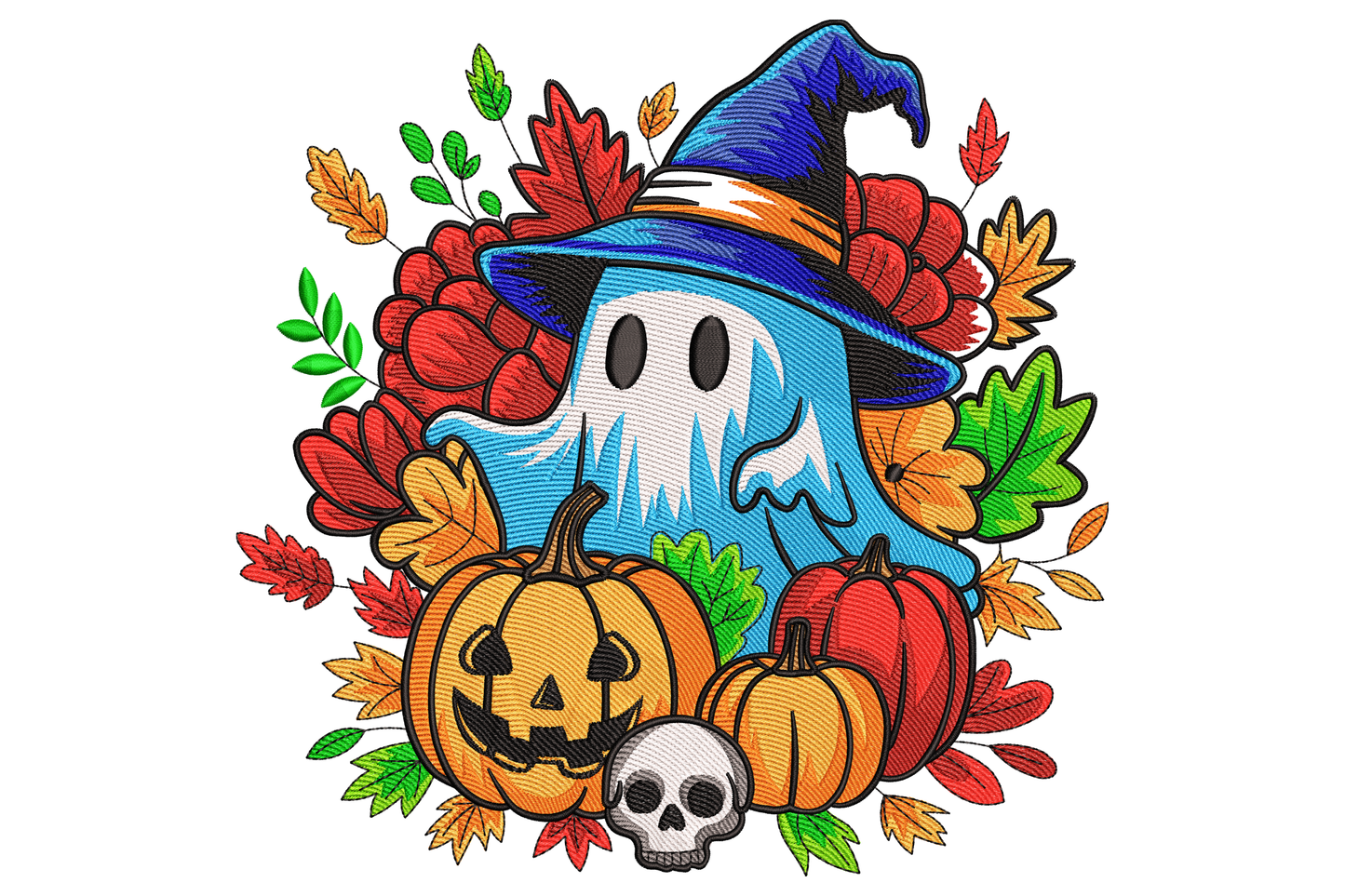 Cute ghost witch machine embroidery design, round ghost in lopsided witch hat, thirteen colours, cartoon style, dense fill stitching on white ground.