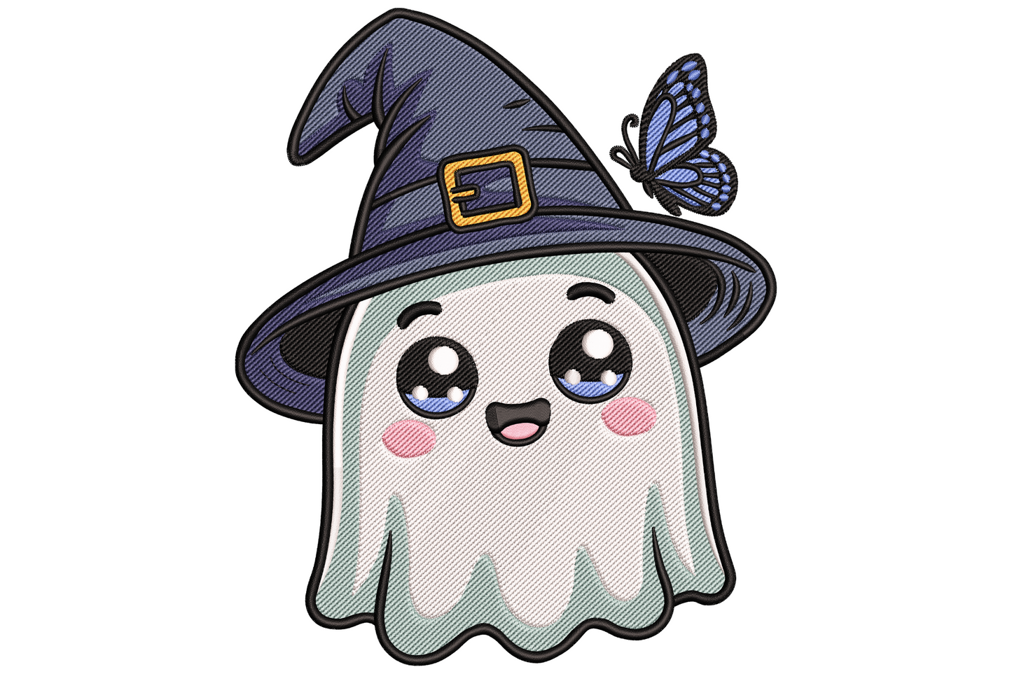 Cute ghost wearing oversized witch hat embroidery design in white grey and black with purple orange accents, chibi cartoon style, 3.51 inches wide.