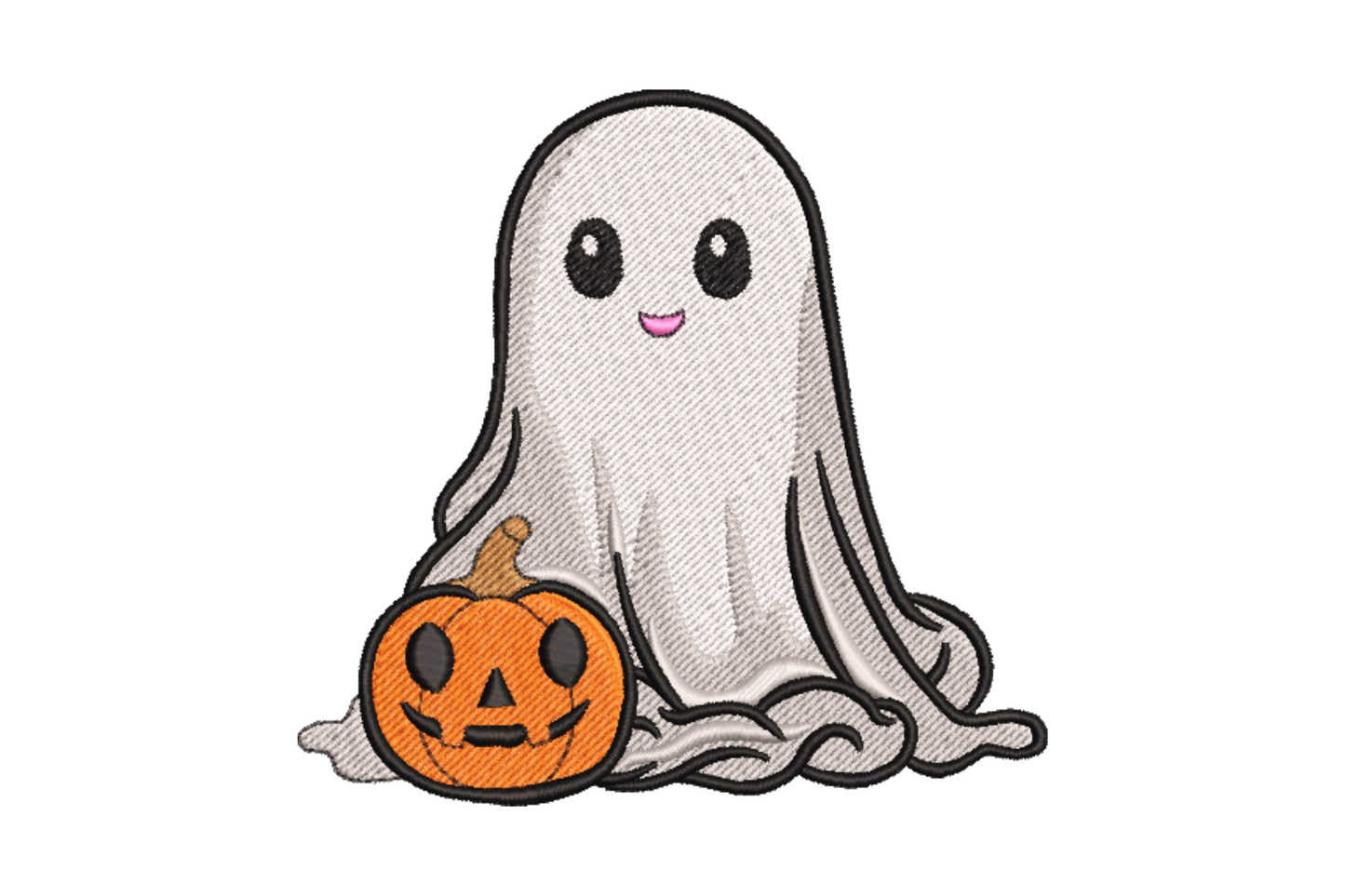 Cute halloween ghost beside carved jack-o-lantern pumpkin embroidery design, cream ghost with cartoon face next to orange pumpkin with triangle eyes and green stem, horizontal cartoon layout.