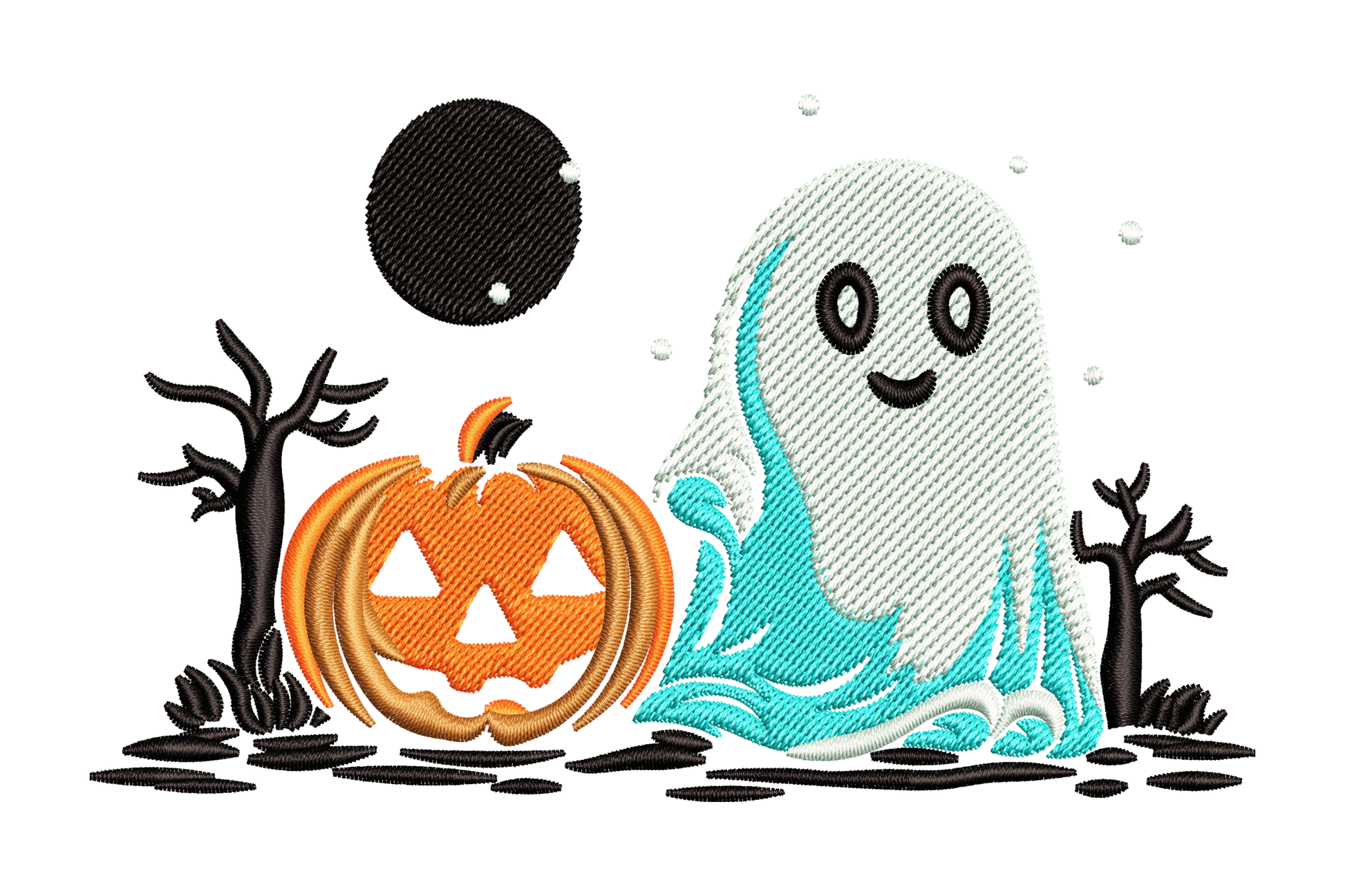 Machine embroidery design of a Halloween night scene with an aqua cartoon ghost, orange jack-o-lantern, bare black trees, and black moon