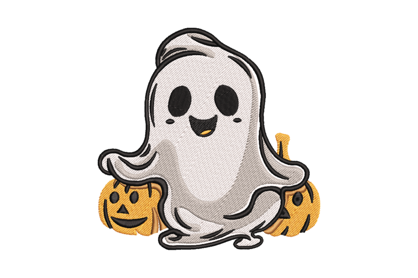 Ghost sitting between two orange jack-o-lanterns Halloween embroidery design
