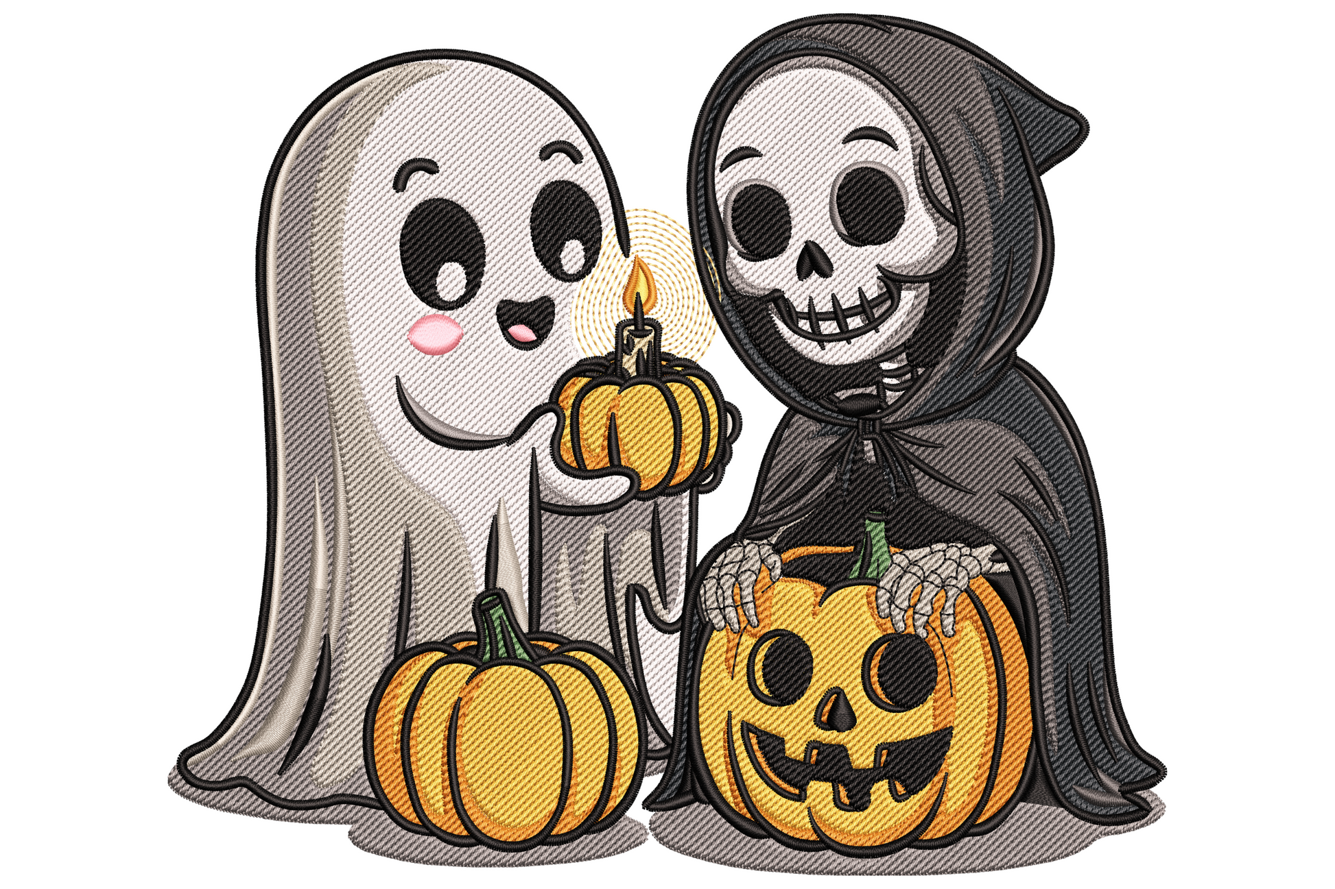 Ghost and grim reaper halloween embroidery design, cute chibi duo in white grey and black with purple accents facing each other, 3.5 inches wide.