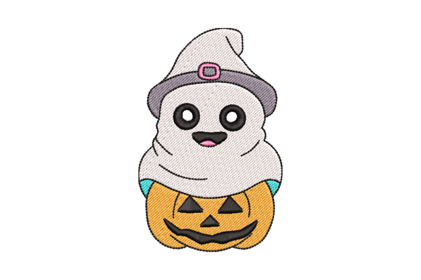 Machine embroidery design of a cartoon ghost sitting inside a carved orange jack-o-lantern wearing a grey witch hat with aqua collar, Halloween style