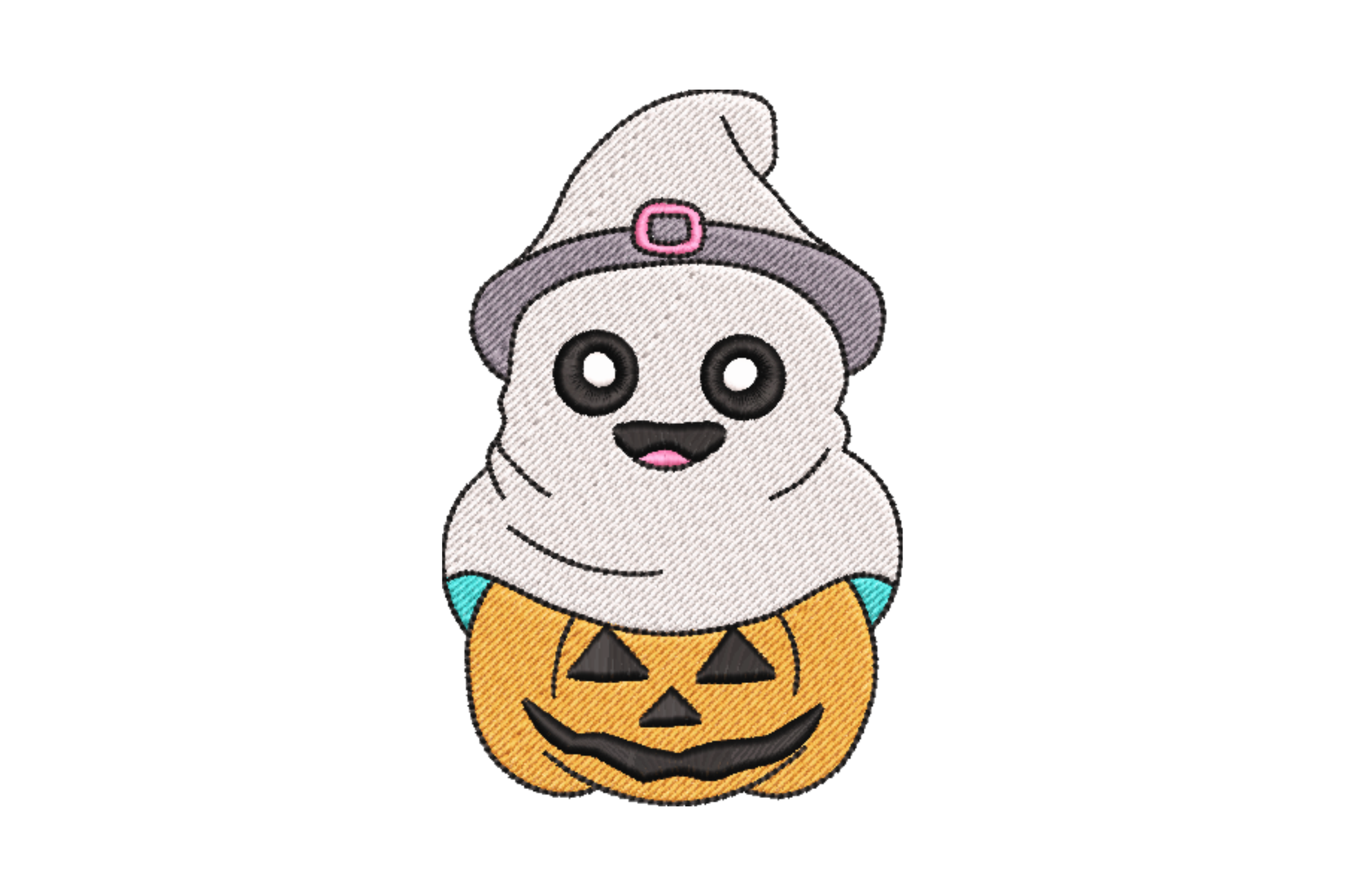 Machine embroidery design of a cartoon ghost sitting inside a carved orange jack-o-lantern wearing a grey witch hat with aqua collar, Halloween style