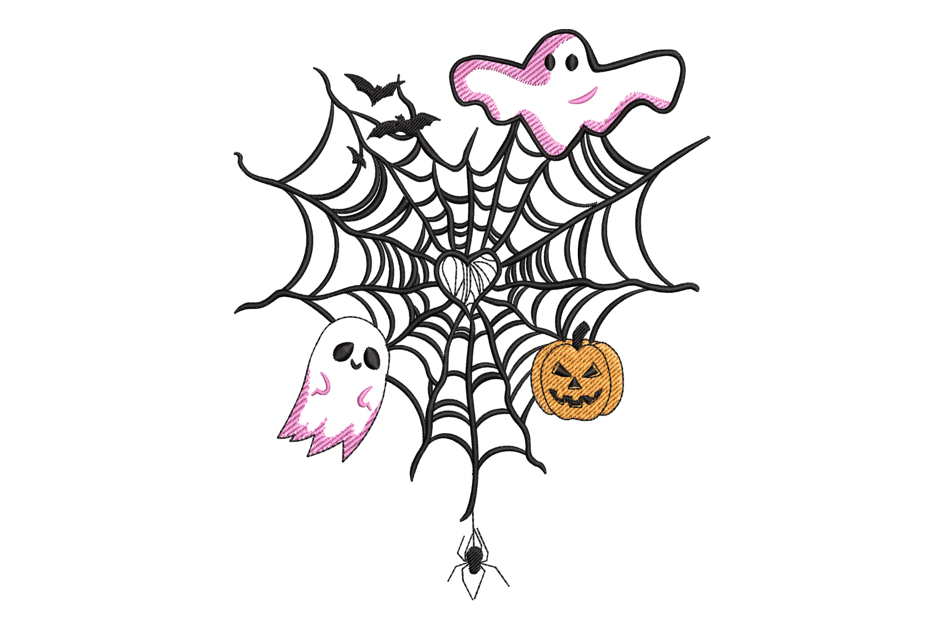 Cute halloween ghosts pumpkin spider web embroidery with pink ghosts orange jack-o-lantern and black bat in 3 colours, 5 sizes up to 7.5 inches