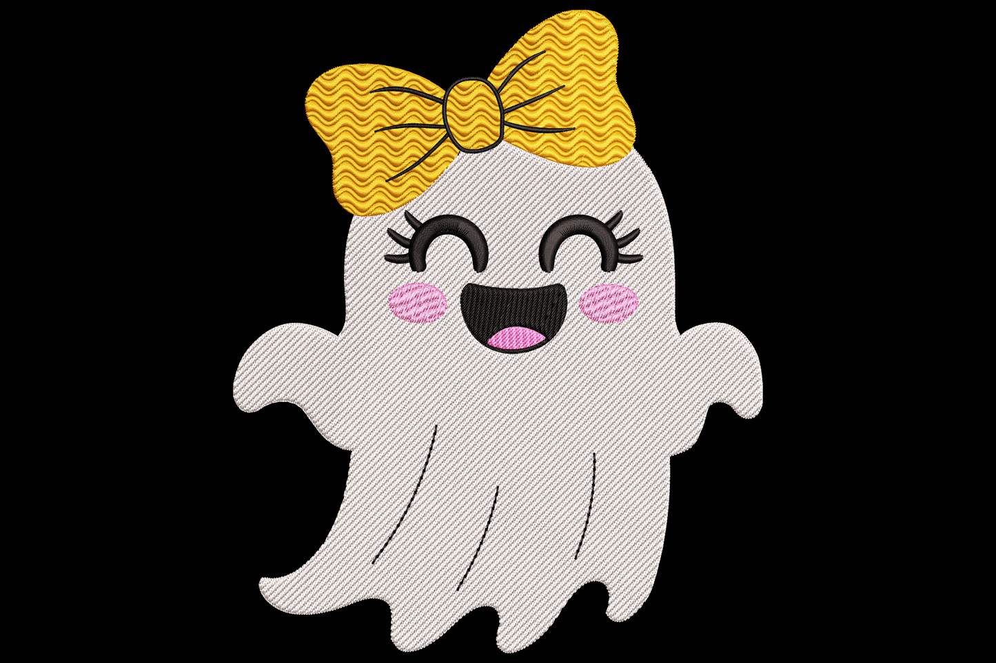 Cute white ghost with a pink bow on top, sweet dot eyes and open oval mouth, clean satin fill in 4 thread colours on light background.