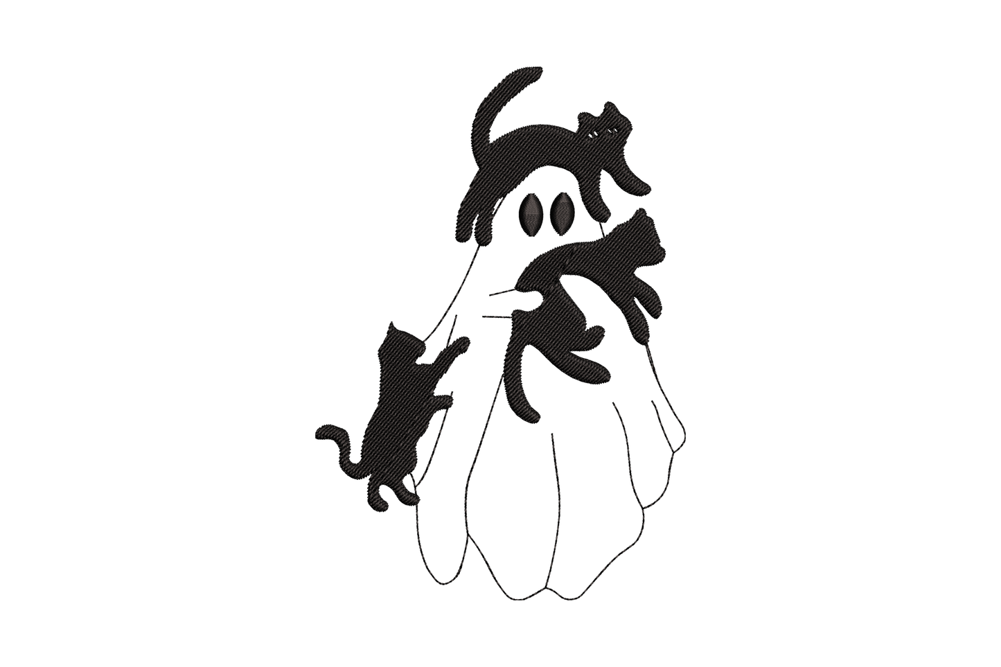 Machine embroidery design of a ghost covered in three playful cats, stitched in single black thread