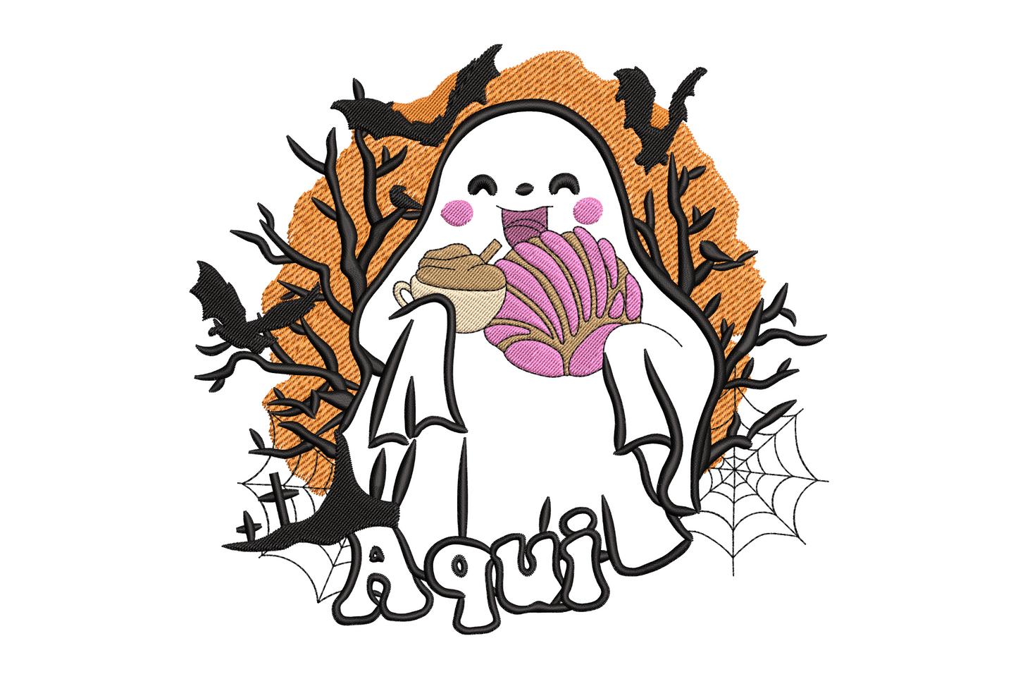 Cute ghost holding coffee and cake Halloween embroidery, pink blush, orange orb background, bats and spider web, 6 colours
