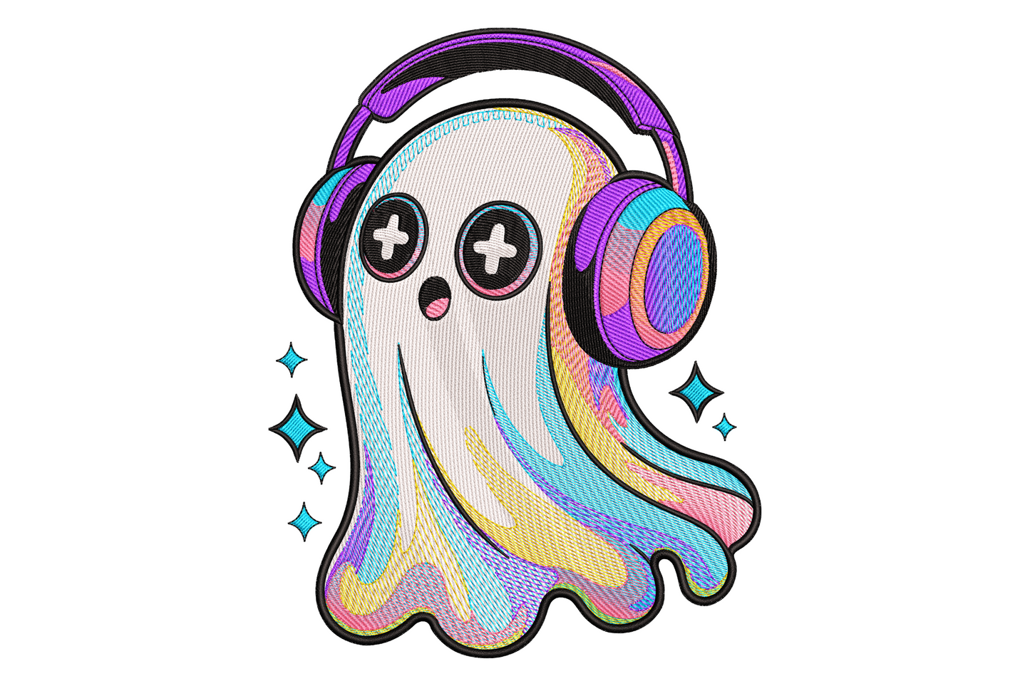 Cute pastel ghost embroidery design with pink yellow swirly body, purple headphones, plus sign eyes and aqua sparkle stars