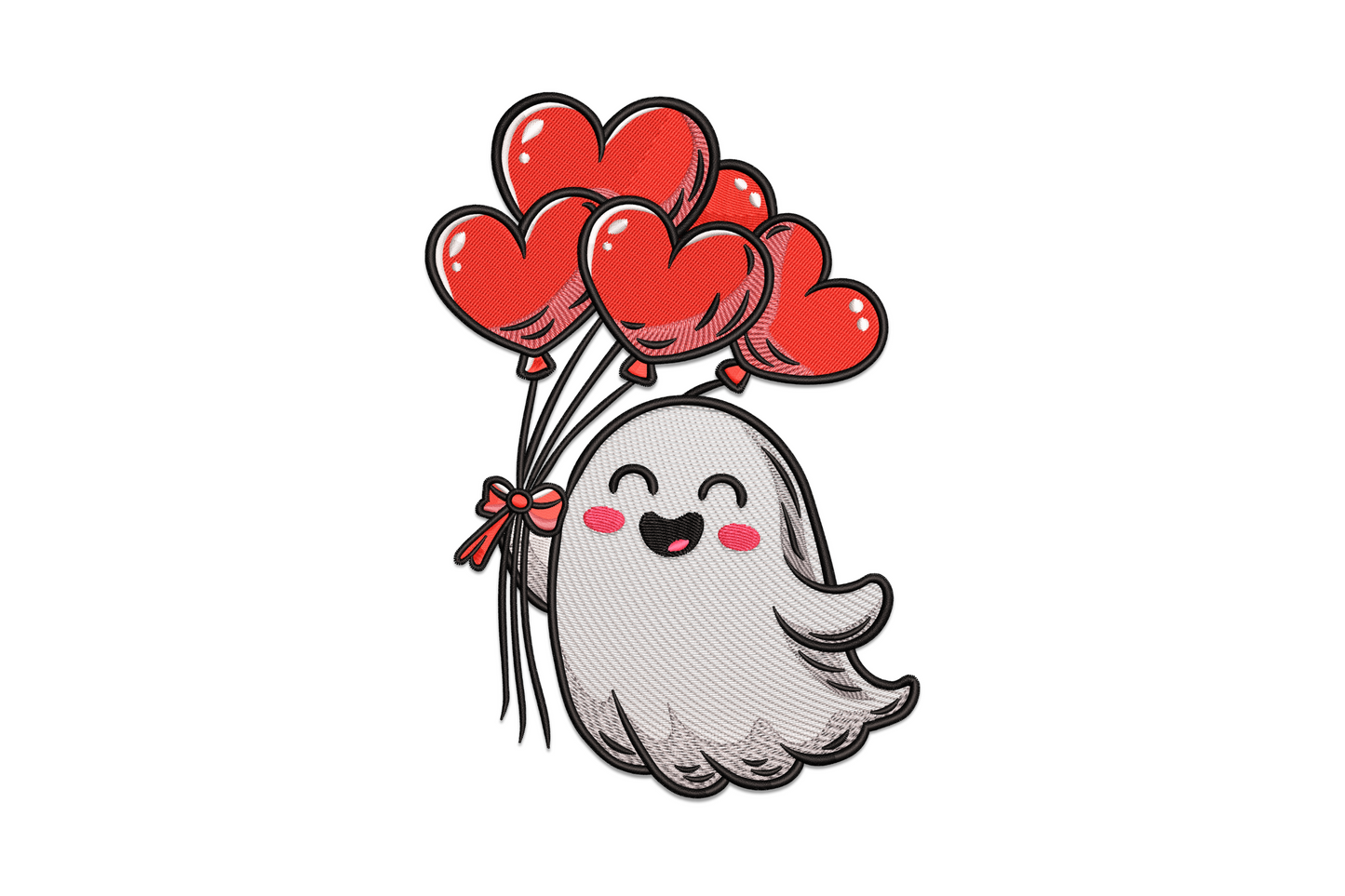 Cute white ghost embroidery holding a bouquet of large red heart balloons tied with a bow, pink blush cheeks, black outline style, valentine design.