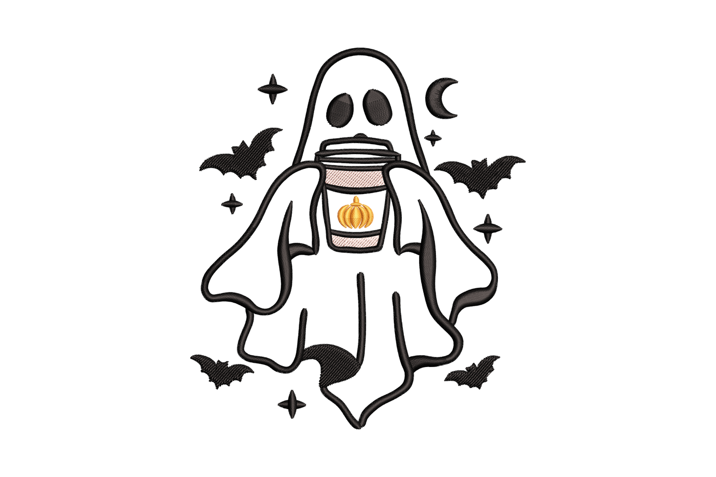 Machine embroidery design of a halloween ghost holding a pumpkin coffee cup with bats around it, stitched in black, orange and pale pink thread.