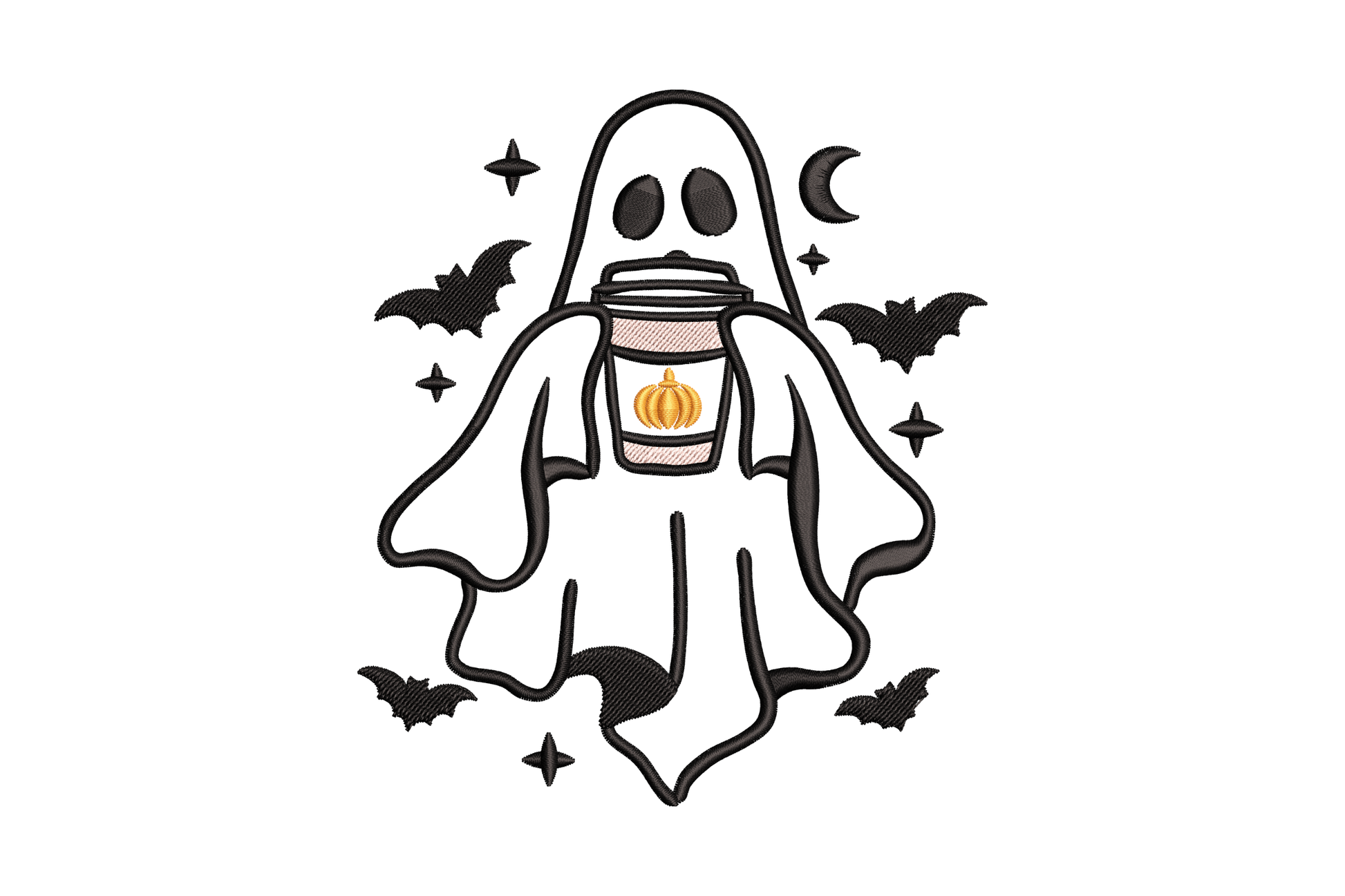 Machine embroidery design of a halloween ghost holding a pumpkin coffee cup with bats around it, stitched in black, orange and pale pink thread.