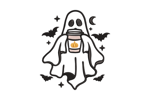Machine embroidery design of a halloween ghost holding a pumpkin coffee cup with bats around it, stitched in black, orange and pale pink thread.