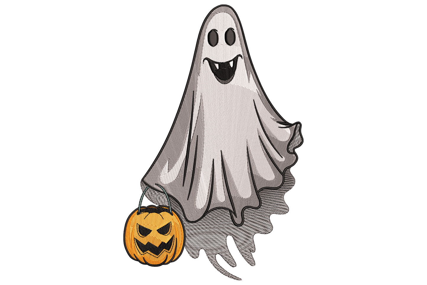 Cute ghost holding pumpkin Halloween embroidery design showing white ghost with oval eyes above a carved orange jack-o-lantern on white background.