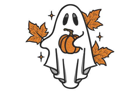Cute ghost pumpkin autumn leaves embroidery design, 4 colours fall halloween, 5 sizes, seasonal machine embroidery pattern