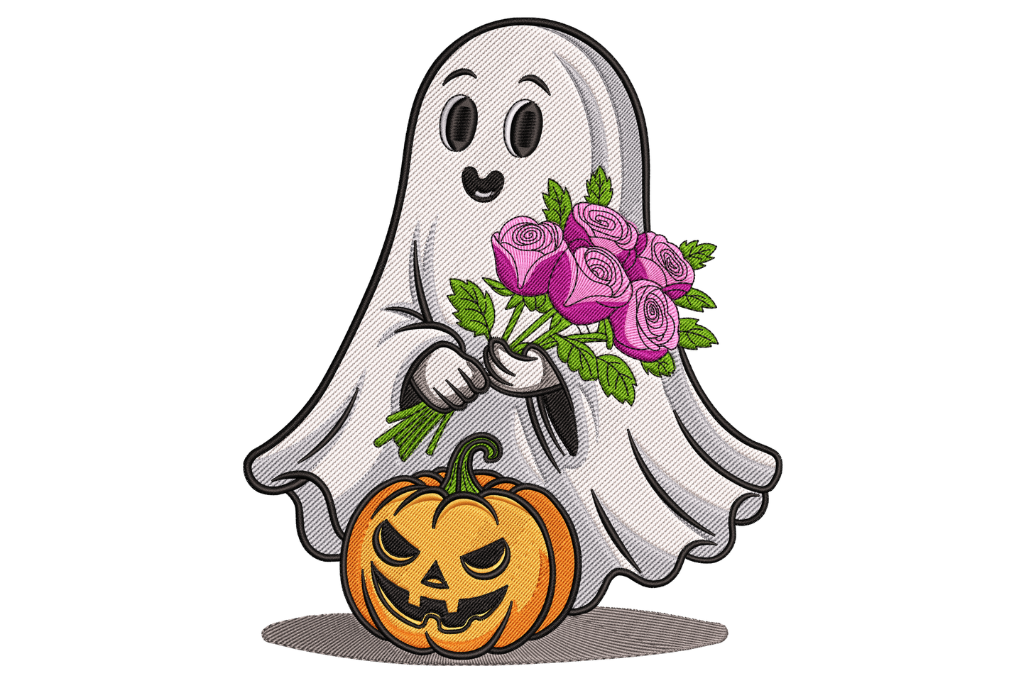 Cute ghost with roses machine embroidery design, rounded ghost figure with red roses and green leaves, nine colours white cream red green grey, portrait 2.92 by 3.51 inches.