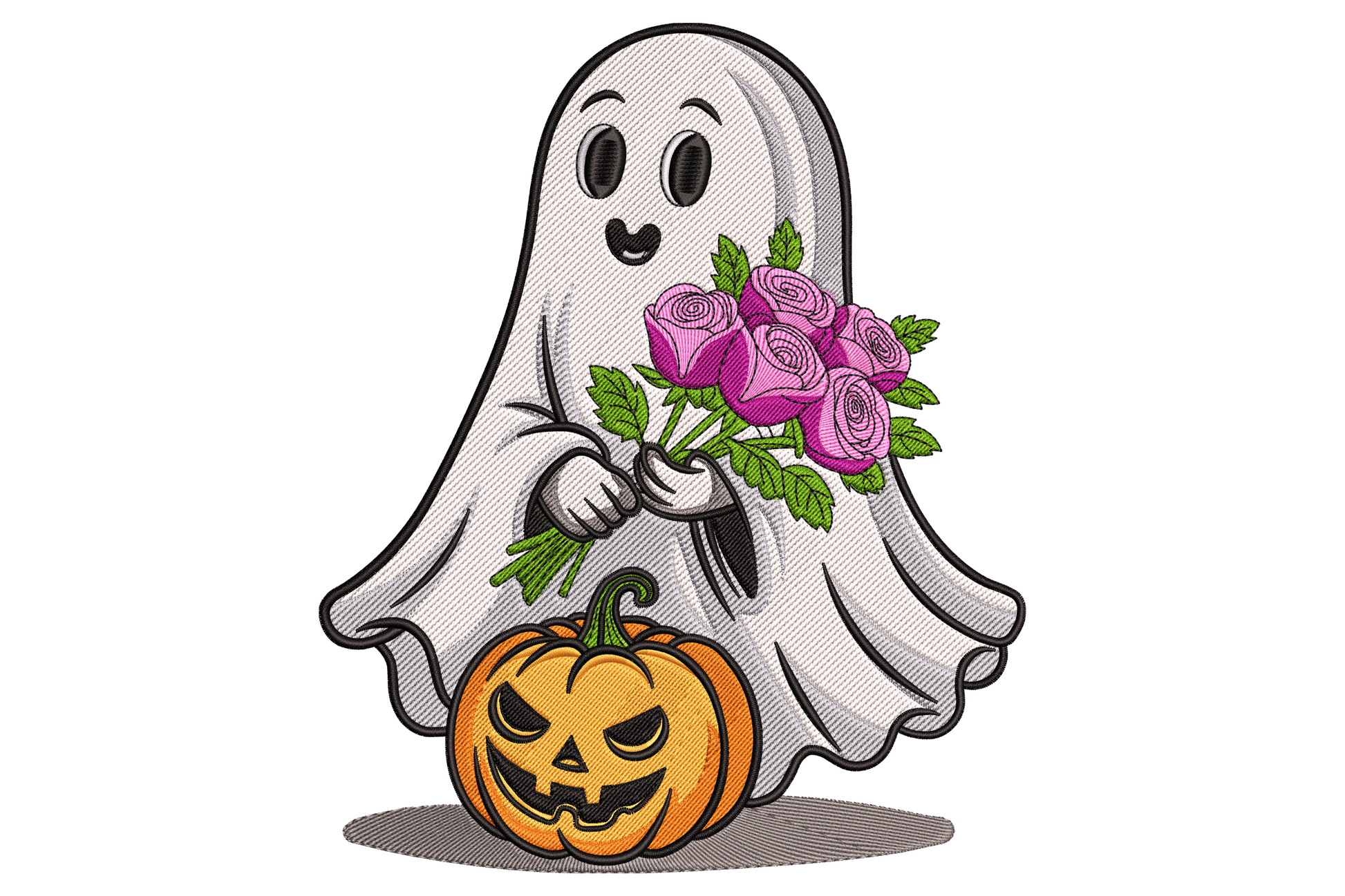 Cute ghost with roses machine embroidery design, rounded ghost figure with red roses and green leaves, nine colours white cream red green grey, portrait 2.92 by 3.51 inches.