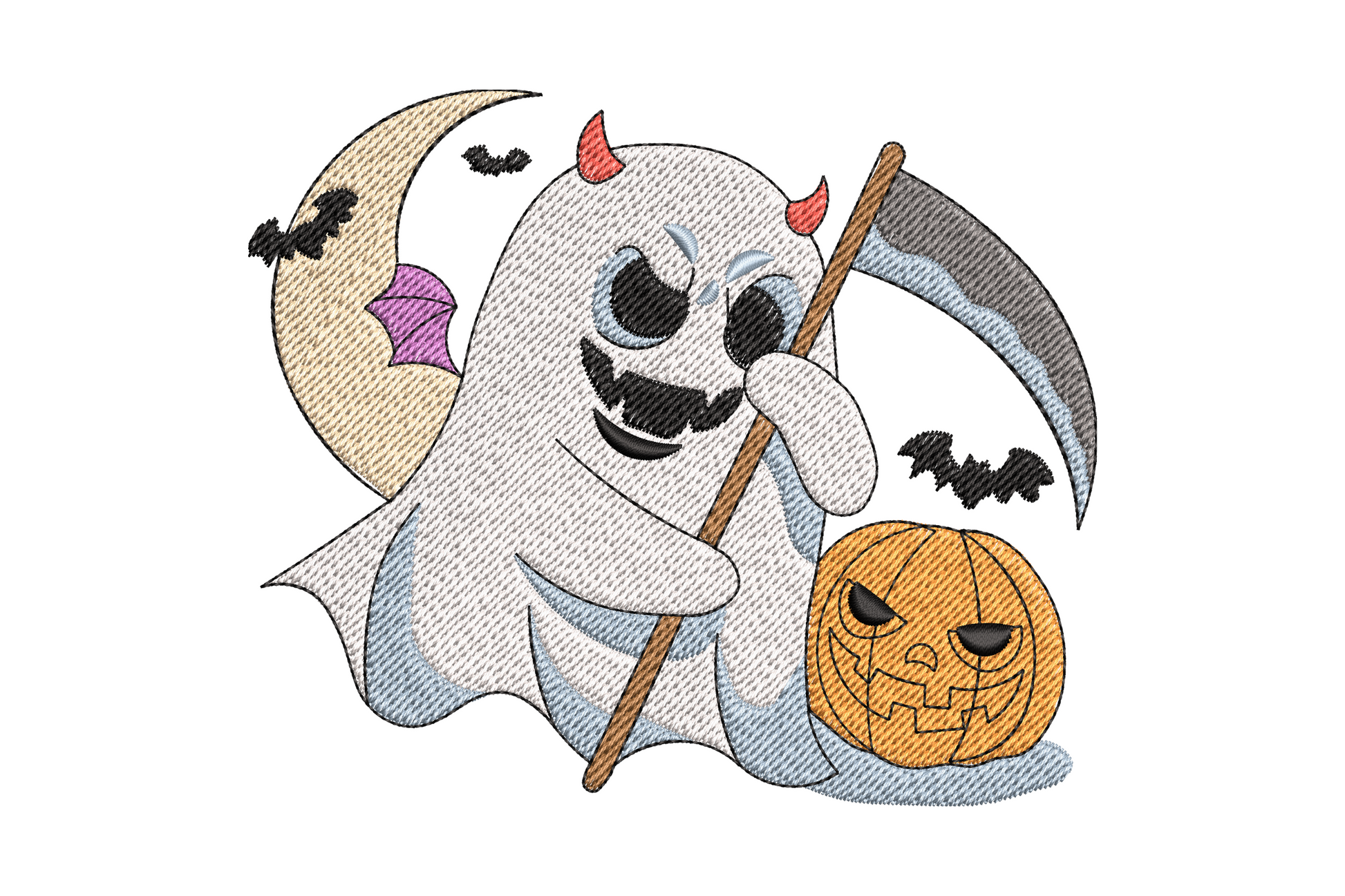 Cute ghost with scythe and pumpkin embroidery design, cartoon white ghost with devil horns, carved pumpkin, crescent moon and bats