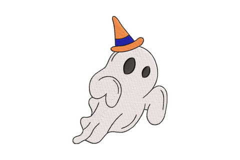 Sketchy ghost wearing tall orange witch hat minimal outline Halloween embroidery design