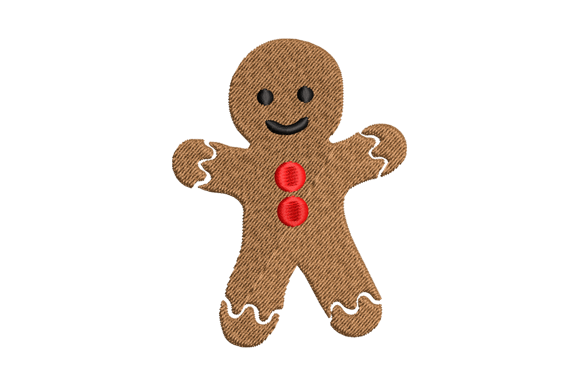 Cute gingerbread man christmas embroidery design brown body black eyes red buttons white icing trim 3 sizes kids