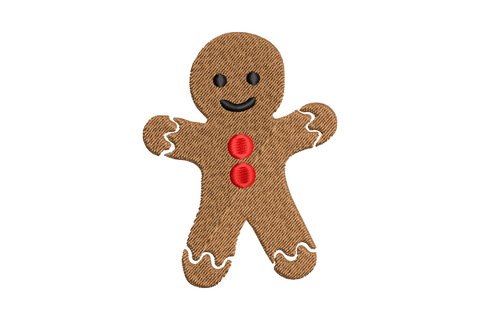 Cute gingerbread man christmas embroidery design brown body black eyes red buttons white icing trim 3 sizes kids