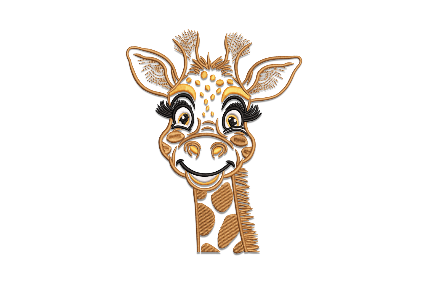 Cute cartoon giraffe face embroidery design with big lash eyes, chocolate spots and orange muzzle on pastel fabric.